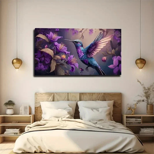 Vibrant Purple Hummingbird Wall Art Canvas Office Home Room Framed 120x60cm