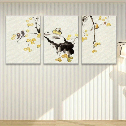 3pcs Small Yellow Fruits on Branches Metal Print Ready to Hang Art
