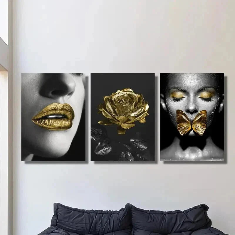 3pcs Woman With Golden Lipstick Butterflies Rose Wall Art Set Canvas Framed 40x60cm - High Quality Print 100% Australian Made Wall Canvas Ready to Hang
