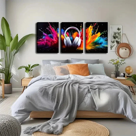 3pcs Vibrant Headphone Explosion Wall Art Set Canvas Framed 40x60cm - High Quality Print 100% Australian Made Wall Canvas Ready to Hang