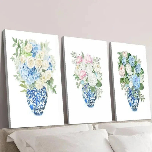 3pcs Blue And White Porcelain Vase And Flower Wall Art Set Canvas Framed 40x60cm - High Quality Print 100% Australian Made Wall Canvas Ready to Hang