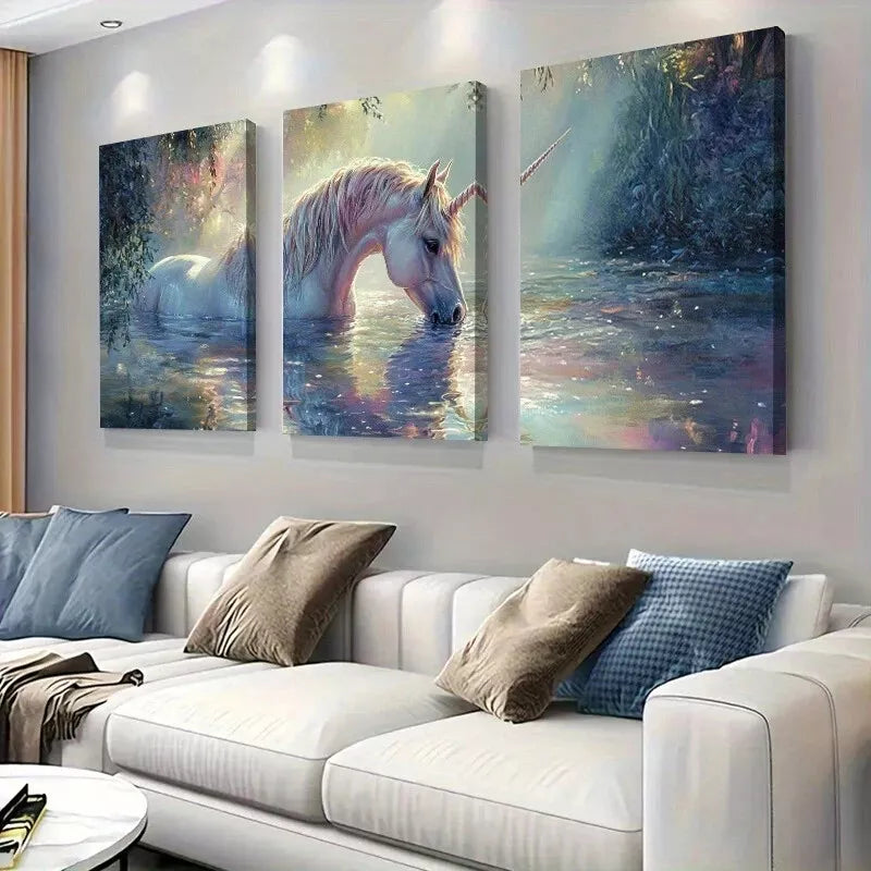 3pcs Mystical Unicorn Enchanted Fantasy Forest Wall Art Set Canvas Framed 40x60cm - High Quality Print 100% Australian Made Wall Canvas Ready to Hang