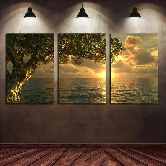 3pcs Ocean Sunset and Tree Scenery Metal Print Ready to Hang Art
