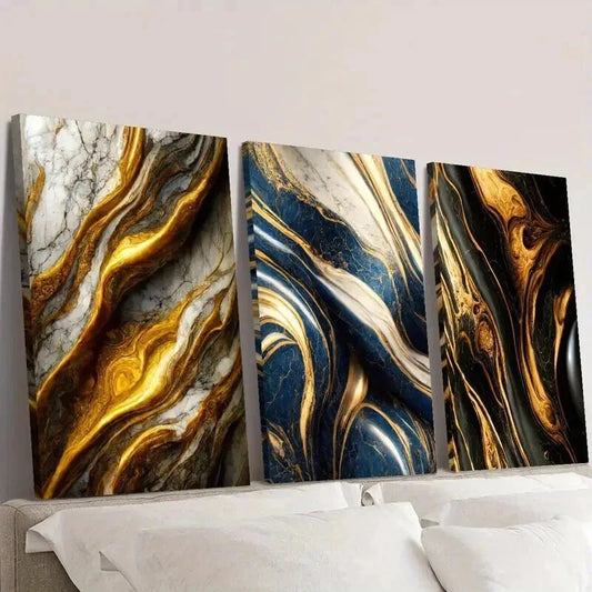 3pcs Gold White Marble Gilt Textured Lines Wall Art Set Canvas Framed 40x60cm - High Quality Print 100% Australian Made Wall Canvas Ready to Hang