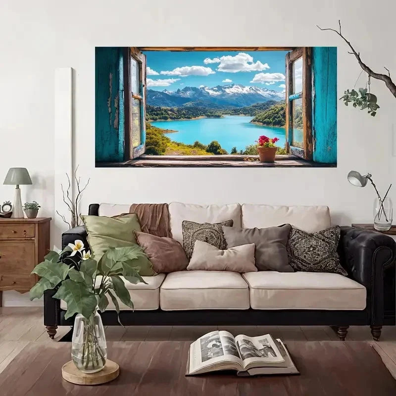 Serene Lake View Vibrant Wall Art Canvas Office Home Room Framed 80x45cm