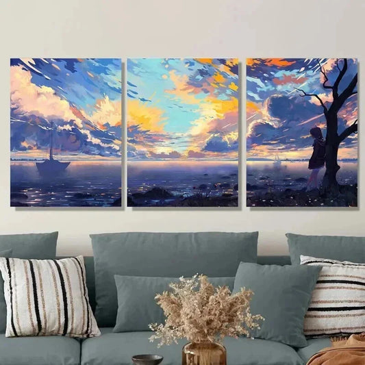 3pcs Beautiful Sunset Seascape Blue Sky & Ocean Wall Art Set Canvas Framed 40x60cm - High Quality Print 100% Australian Made Wall Canvas Ready to Hang
