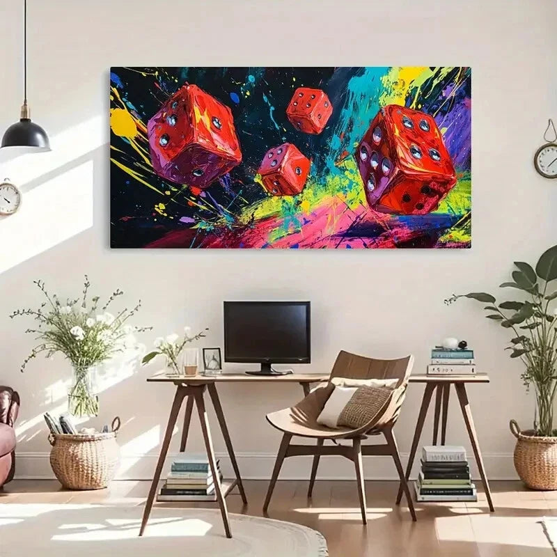 Modern Splash Vibrant Dice Wall Art Canvas Office Home Room Framed 120x60cm
