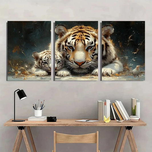 3pcs White Tiger and Cub Majestic Animal Metal Print Ready to Hang Art