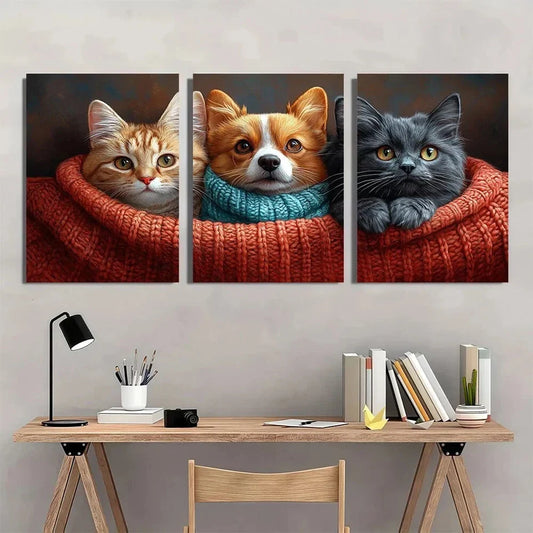 3pcs Adorable Pet Dog & Cat Red Blue Metal Print Ready to Hang Art