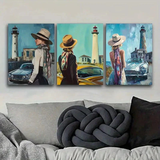 3pcs The girl by the old car Metal Print Ready to Hang Art