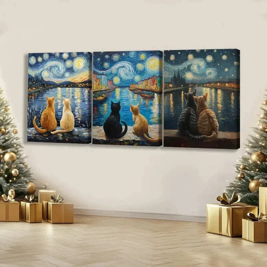 3pcs Cats Gazing at Night Starry Sky Wall Art Set Canvas Framed 40x60cm - High Quality Print 100% Australian Made Wall Canvas Ready to Hang