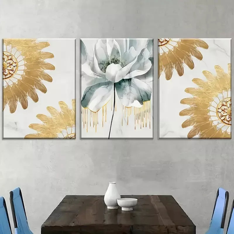3pcs Elegant Golden Light Luxury Floral Wall Art Set Canvas Framed 40x60cm - High Quality Print 100% Australian Made Wall Canvas Ready to Hang