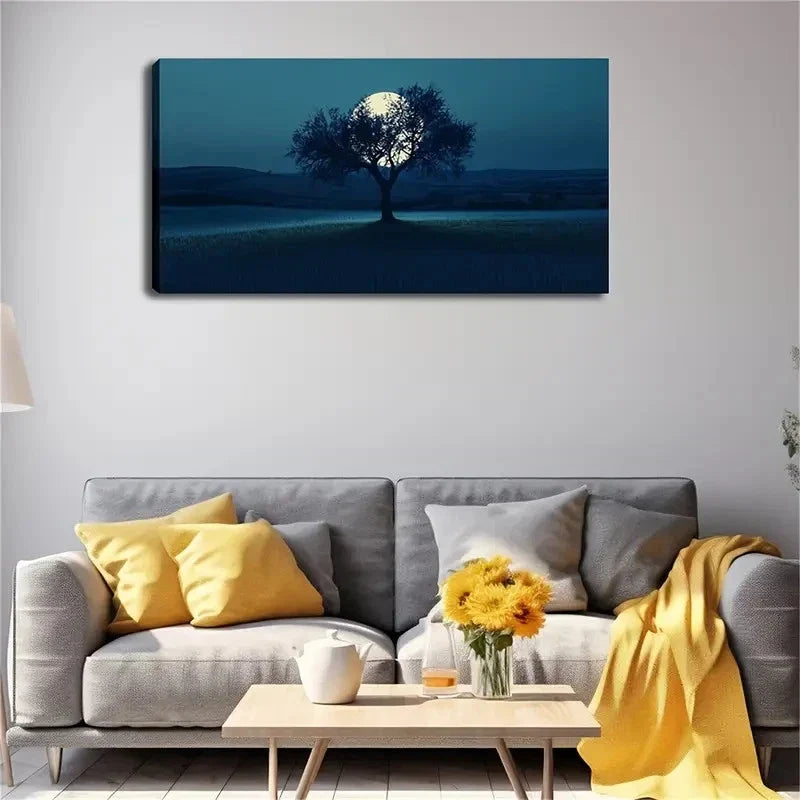 Moonlit Tree In Open Field Wall Art Canvas Office Home Room Framed 120x60cm