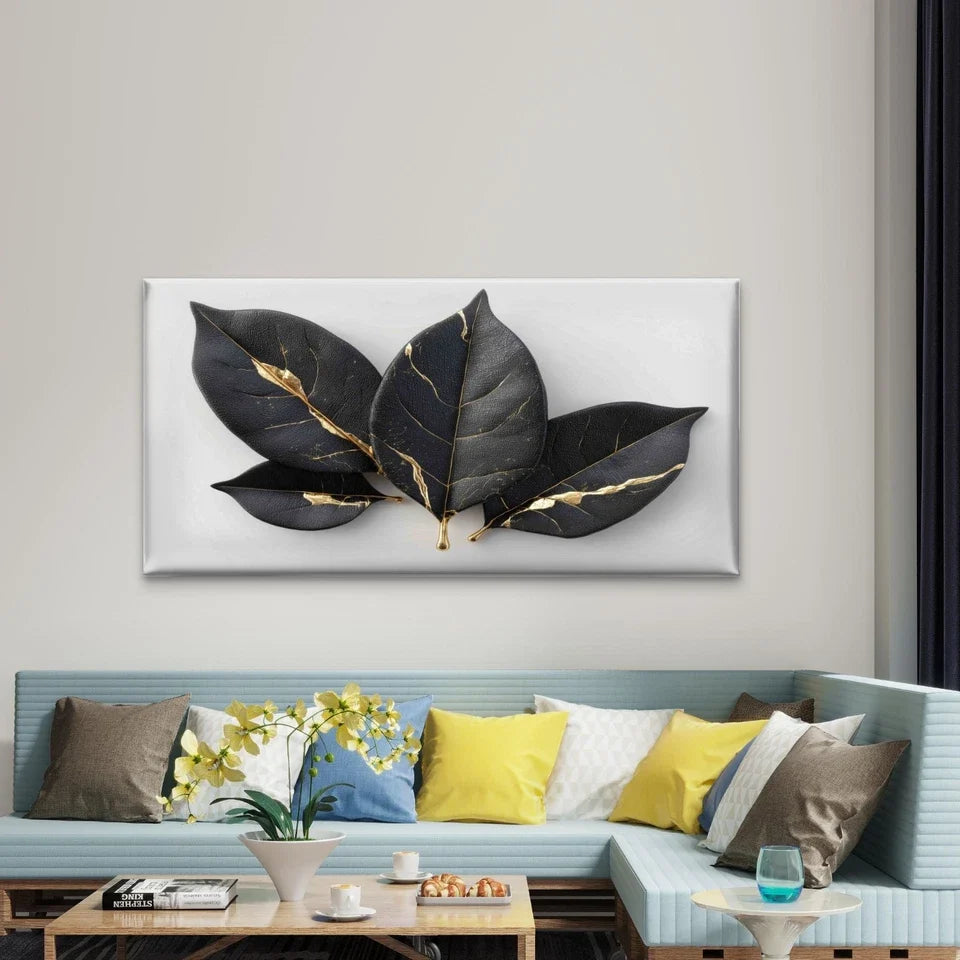 Black Leaves With Gold Accents Wall Art Canvas Office Home Room Framed 120x60cm