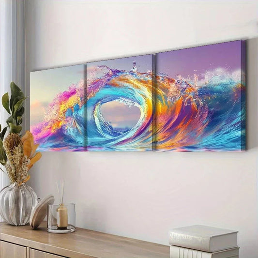 3pcs Colorful Waves In The Ocean Wall Art Set Canvas Framed 40x60cm - High Quality Print 100% Australian Made Wall Canvas Ready to Hang