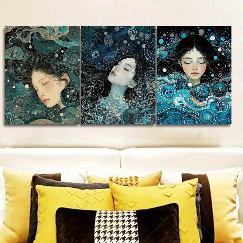 3pcs Sea Goddess Art Deco Blue Background Wall Art Set Canvas Framed 40x60cm - High Quality Print 100% Australian Made Wall Canvas Ready to Hang