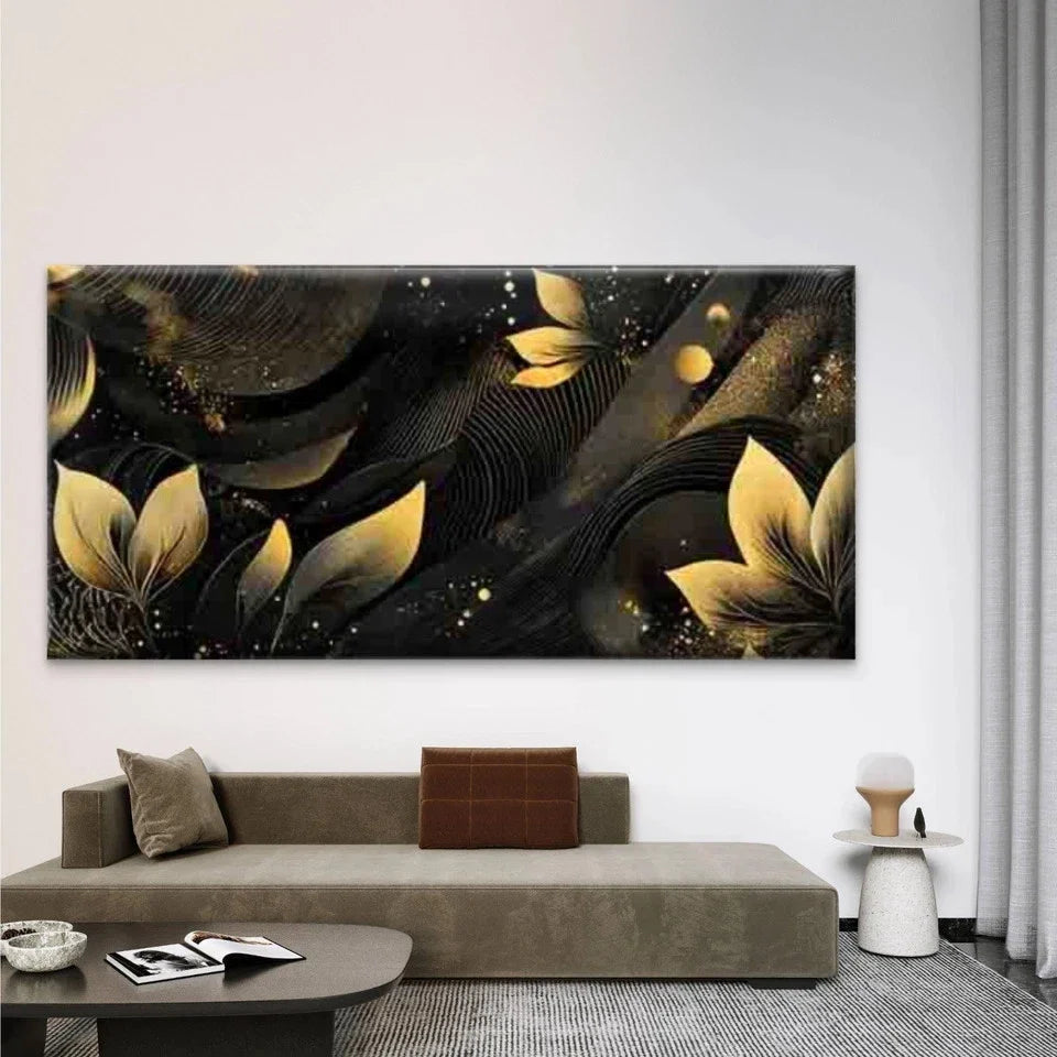 Black and Golden Abstract Wall Art Canvas Office Home Room Framed 80x45cm