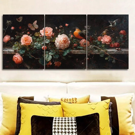 3pcss Roses, Thistles, And Birds Wall Art Set Canvas Framed 40x60cm - High Quality Print 100% Australian Made Wall Canvas Ready to Hang