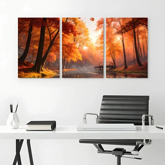 3pcs Autumn Landscape Modern Style Metal Print Ready to Hang Art