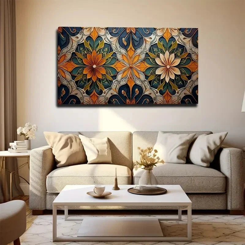 Vibrant Floral & Geometric Wall Art Canvas Office Home Room Framed 80x45cm