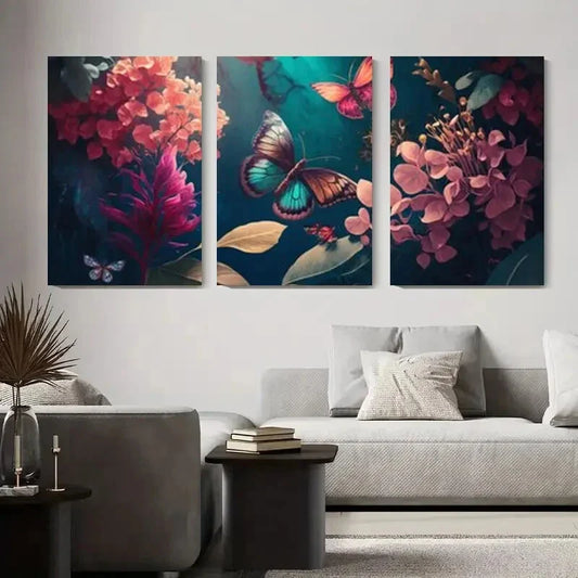 3pcs Vibrant Butterfly & Flower Pink & Orange Metal Print Ready to Hang Art