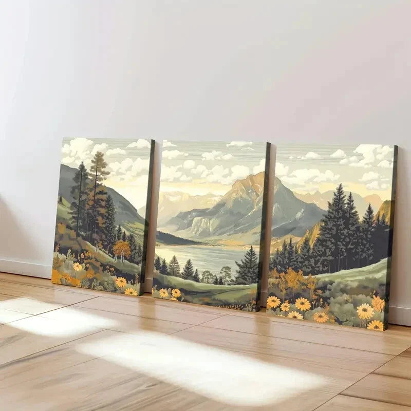3pcs Vintage Style Mountain Landscape Nature Wall Art Set Canvas Framed 40x60cm - High Quality Print 100% Australian Made Wall Canvas Ready to Hang