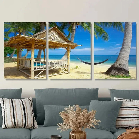 3pcs each Hut and Hammock Tropical Metal Print Ready to Hang Art