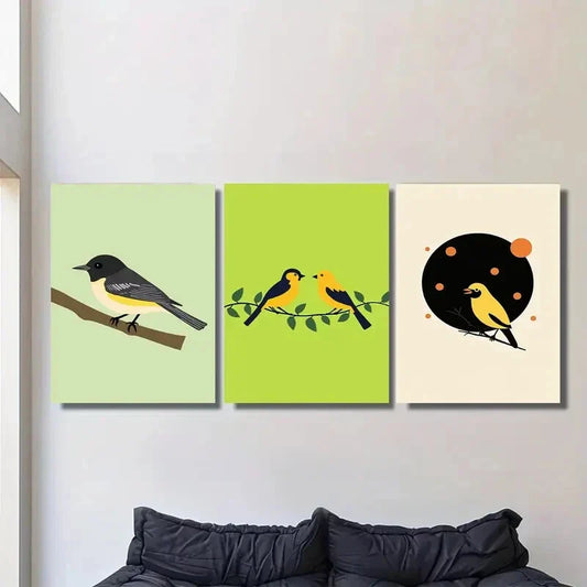 3pcs Vibrant Green Background with Black & White Metal Print Ready to Hang Art