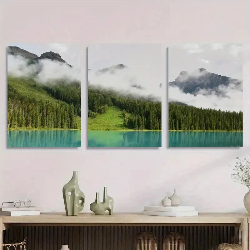3pcs Tranquil Lake & Green Forest Metal Print Ready to Hang Art