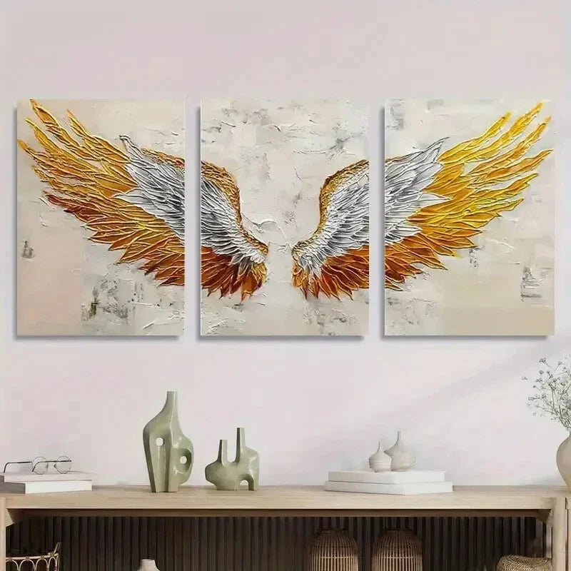 3pcs Golden & White Feathered Wings Metal Print Ready to Hang Art