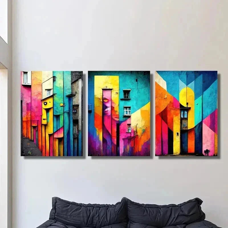3pcs Vibrant Colorful House Architecture Wall Art Set Canvas Framed 40x60cm - High Quality Print 100% Australian Made Wall Canvas Ready to Hang