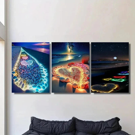 3pcs Stunning Triptych Vibrant Night Sky Heart Metal Print Ready to Hang Art