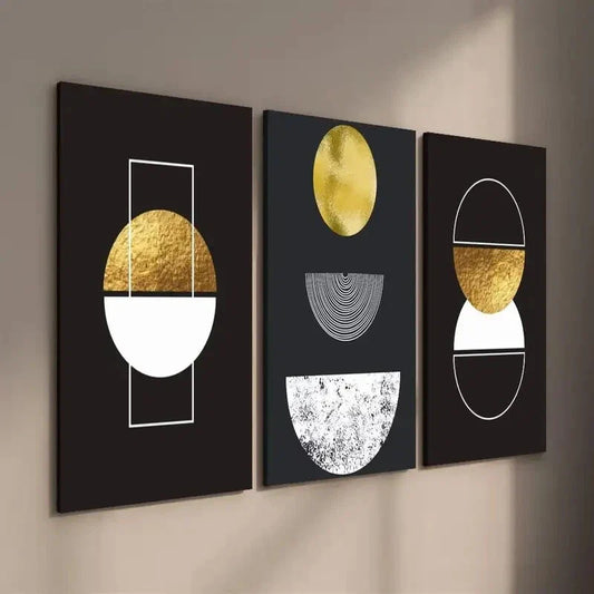 3pcs Elegant Black & Golden Geometric Wall Art Set Canvas Framed 40x60cm - High Quality Print 100% Australian Made Wall Canvas Ready to Hang