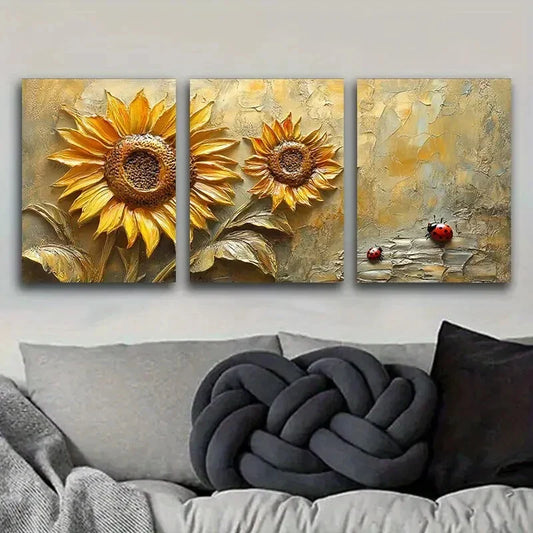 3pcs Sunflowers and ladybugs, Metal Print Ready to Hang Art