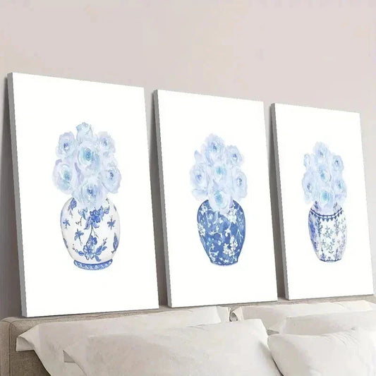 3pcs Blue and White Porcelain Rose Vase Wall Art Set Canvas Framed 40x60cm - High Quality Print 100% Australian Made Wall Canvas Ready to Hang