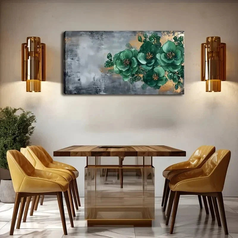 Deep Green Floral Golden Wall Art Canvas Office Home Room Framed 120x60cm
