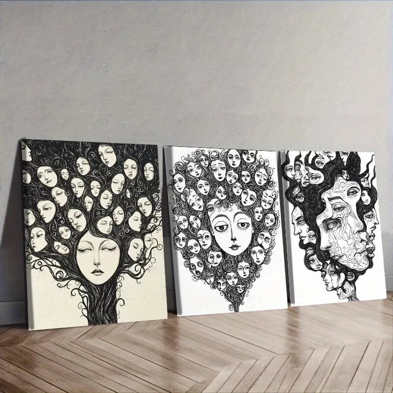 3pcs Lines Make Up On The Face Black And White Wall Art Set Canvas Framed 40x60cm - High Quality Print 100% Australian Made Wall Canvas Ready to Hang