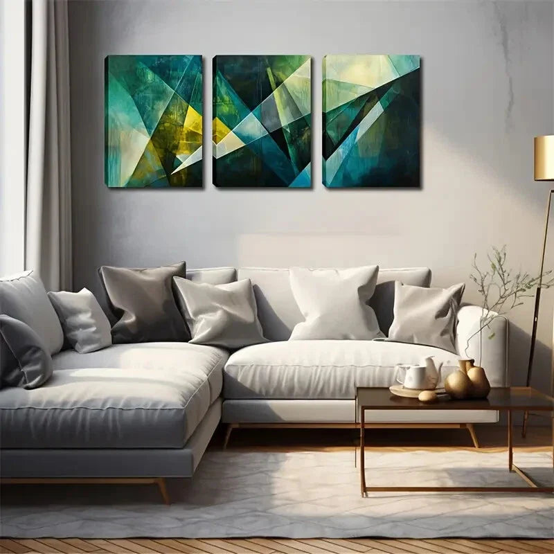 3pcs Crystal Design in Green & Yellow Wall Art Set Canvas Framed 40x60cm - High Quality Print 100% Australian Made Wall Canvas Ready to Hang