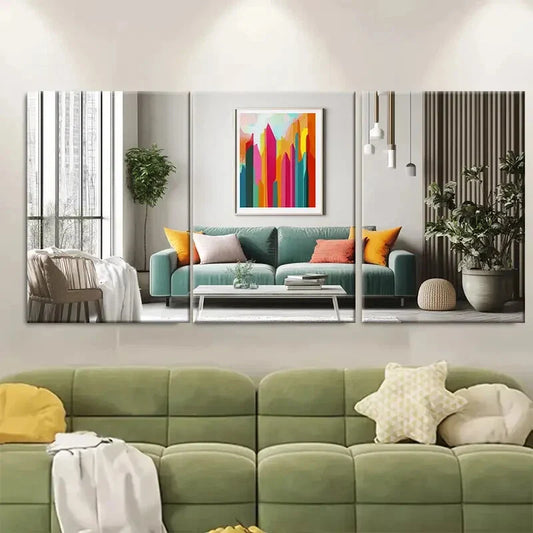3pcs Teal Sofa Yellow & Orange Pillows Green Metal Print Ready to Hang Art