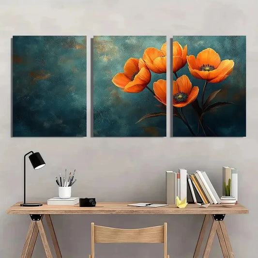 3pcs Orange Yellow Flowers Bud Painting Metal Print Ready to Hang Art
