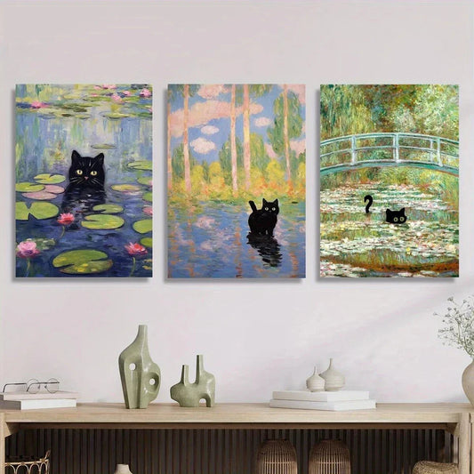 3pcs Black Cat And Water Lilies Metal Print Ready to Hang Art