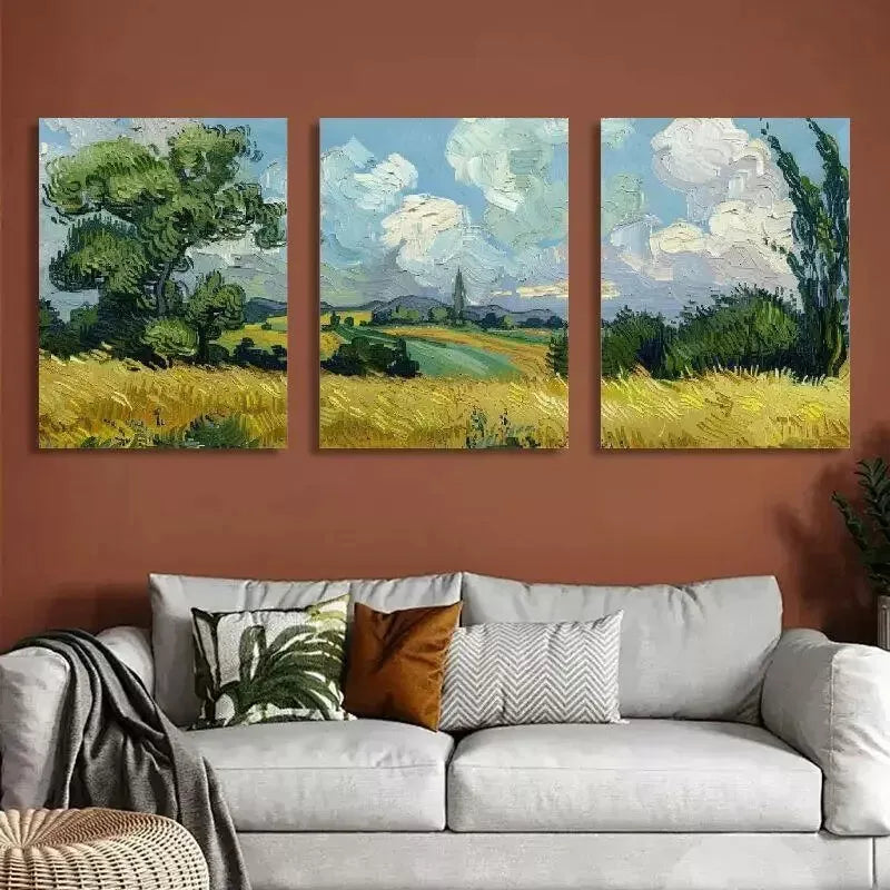 3pcs Van Gogh Wheat Field with Cypresses Wall Art Set Canvas Framed 40x60cm - High Quality Print 100% Australian Made Wall Canvas Ready to Hang