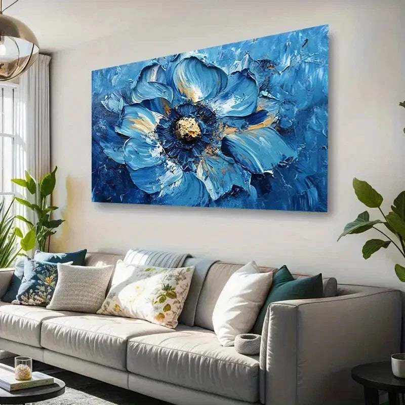 Impasto Blue Flower Detail Wall Art Canvas Office Home Room Framed 80x45cm