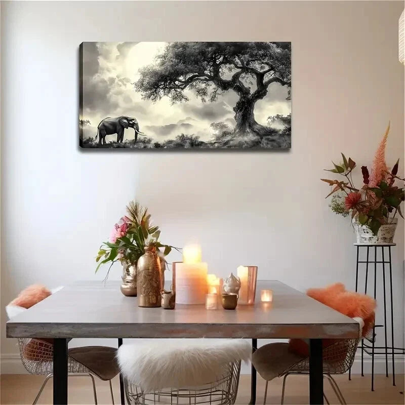 Black & White Elephant and Tree Wall Art Canvas Office Home Room Framed 120x60cm