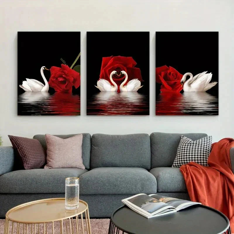 3pcs Romantic Swan and Red Rose Red and Black Metal Print Ready to Hang Art