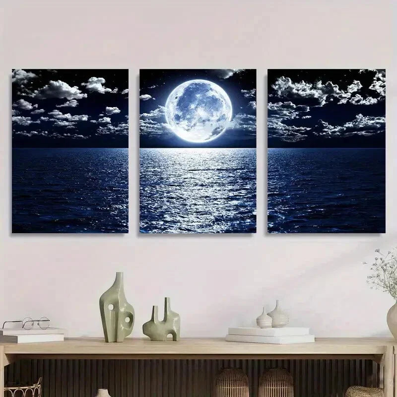 3pcs Moonlit Ocean Night Sky with Full Moon Metal Print Ready to Hang Art