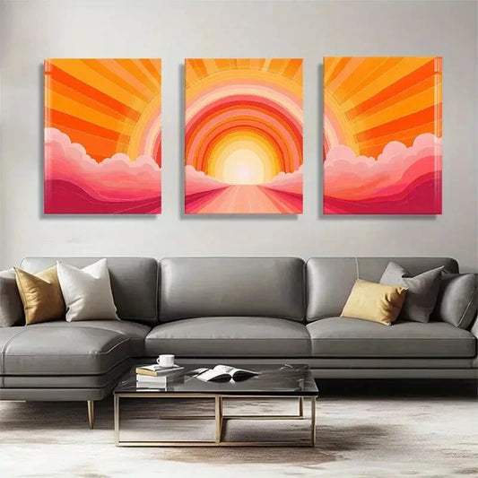 3pcs Vibrant Abstract Sunburst Sunrise Perfect Wall Art Set Canvas Framed 40x60cm - High Quality Print 100% Australian Made Wall Canvas Ready to Hang