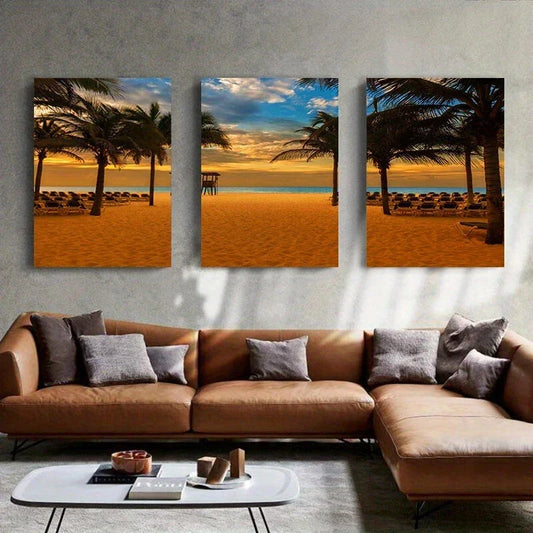 3pcs Sunset Palm Trees Beach Blue Sky Metal Print Ready to Hang Art