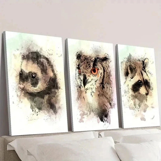3pcs Watercolor Ferret Raccoon Owl Portrait Wall Art Set Canvas Framed 40x60cm - High Quality Print 100% Australian Made Wall Canvas Ready to Hang