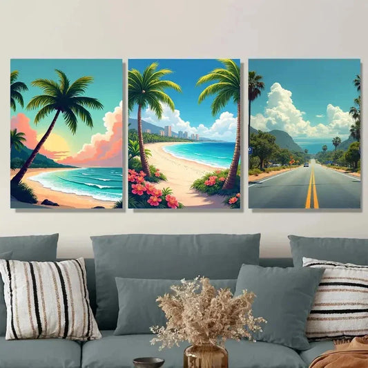 3pcs Tropical Beach Sunset Vibrant Coastal Metal Print Ready to Hang Art